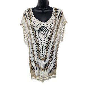 Boho Crochet Tunic Top Open Knit Festival Beach Coastal Hippie Y2K  Boho Size L